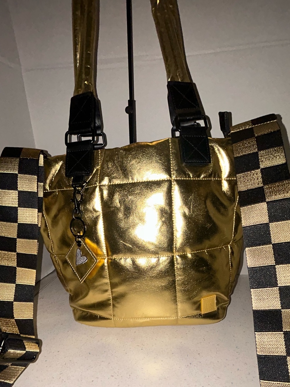 Metallic Gold Quilted ihkwp Shoulder Bag with Checkered Strap
